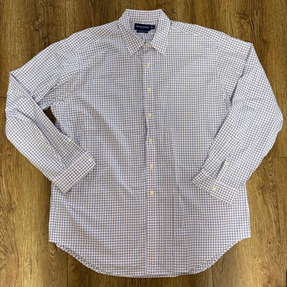Ralph Lauren Golf Mens XL Classic Fit Button Down Shirt Pink Navy Blue Check y2k